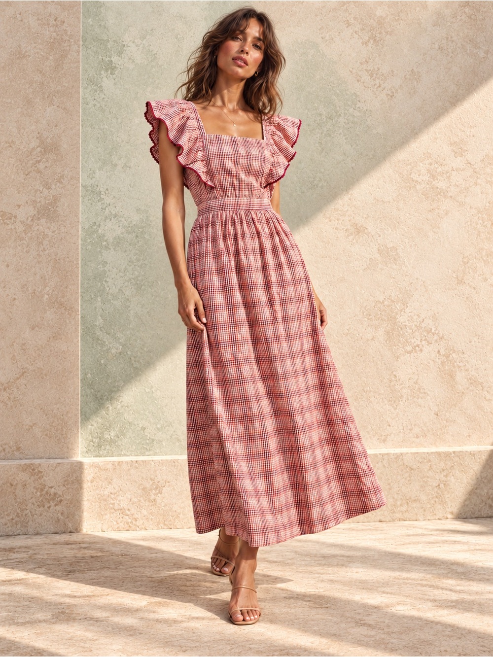 Maison Anana NWT Gingham Check Ambre Ruffle Maxi Apron Dress in Red Rose, Size S